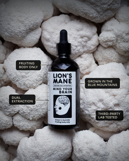 MindRise Lion's Mane Extract bottle on a bed of fresh Lion's Mane mushrooms